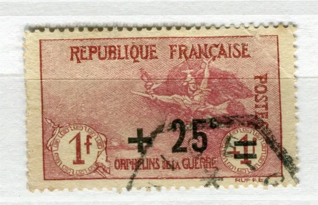 FRANCE; 1922 early War Orphans surcharged issue fine used 1Fr. value