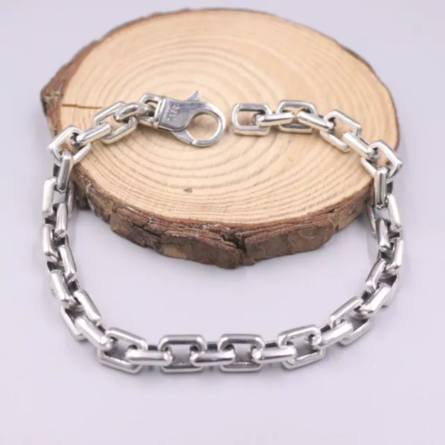 Pure S925 Sterling Silver Chain Men Gift Craved 6.5mm Square Link Bracelet 8.7''