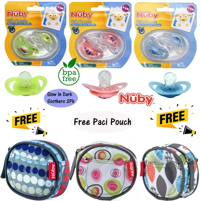 Nuby 2x Glow in Dark Baby Night-Time Dummy Soother+Free Pocket Holder Paci Pouch