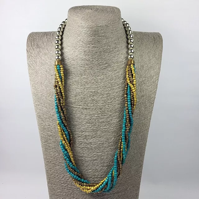 Long Twisted Multi Strand Layered Necklace Green & Gold Glass Beads Jewellery