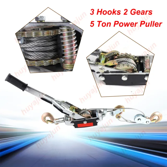 5 Ton Power Puller Hand Winch Steel Cable Come Along Tighter with 3 Hooks 2 Gear