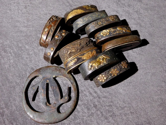 11 Fuchi and Tsuba SWORD FITTINGS Japan Edo original tsuba sword antique