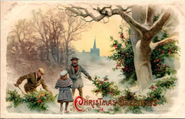 Winsch Christmas Postcard Antique English Church Victorian Man Child Woodland