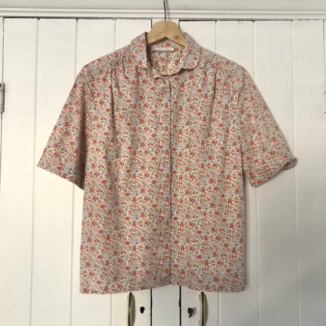 SPORTSCRAFT Liberty Peach Floral Blouse Cotton Short Sleeve Gathered Yoke VGC