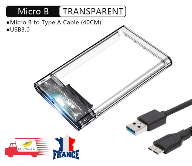 BOITIER DISQUE DUR Externe transparent USB 3.0 2.5 pouces pour SSD SATA et  HDD EUR 10,95 - PicClick FR
