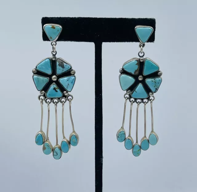 Vintage Navajo Nativo Americano Plata de Ley Turquesa Largo Pendientes Largos