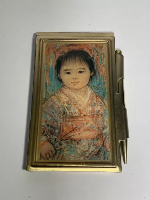 Vintage Edna Hibel Brass Notepad Memo Holder w/ Charming Girl Design and Pencil