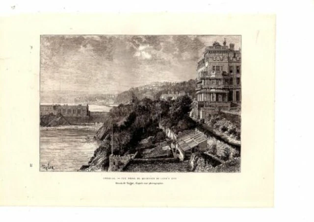GRAVURE SUR BOIS 19ème TORQUAY VUE PRISE DU QUARTIER DE LAND' S END ANGLETERRE