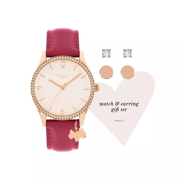 Radley Ladies Watch & Earrings Set Rose Gold Dial Pink Strap RY21330A-SET