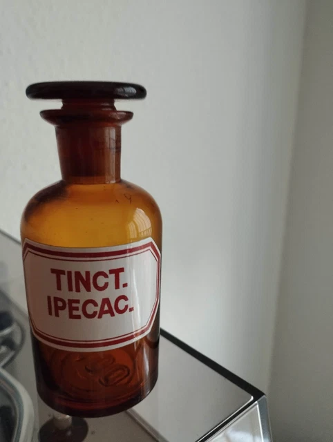 Alte Apothekerflasche, Braunglas mit eingeschliffenem Stöpsel, 12 cm hoch