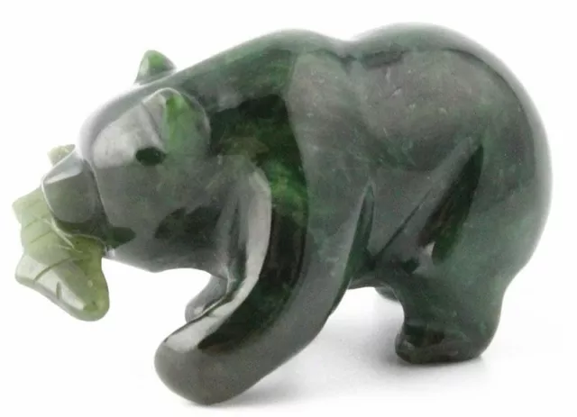 Genuino Natural Canadiense Nefrita Jade Oso Con / Pescado Figurita - Estilo 169 2