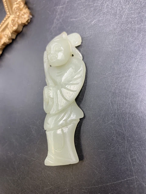 Chinese Antique Jade Carving Boy Holding Flowers 32g 3