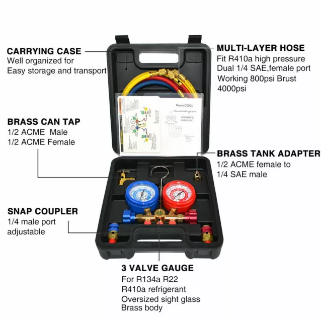 FAVORCOOL CT-536G AC Manifold Gauge Set, R410A, R134A, R22 Refrigerants Charge 2