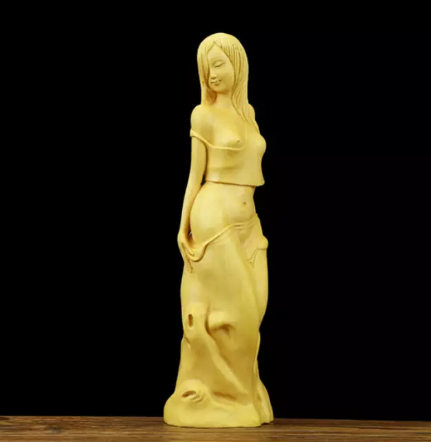 7.9" Chinese Box-wood Hand Carved Graceful Half-naked Beautiful Woman Art Statue