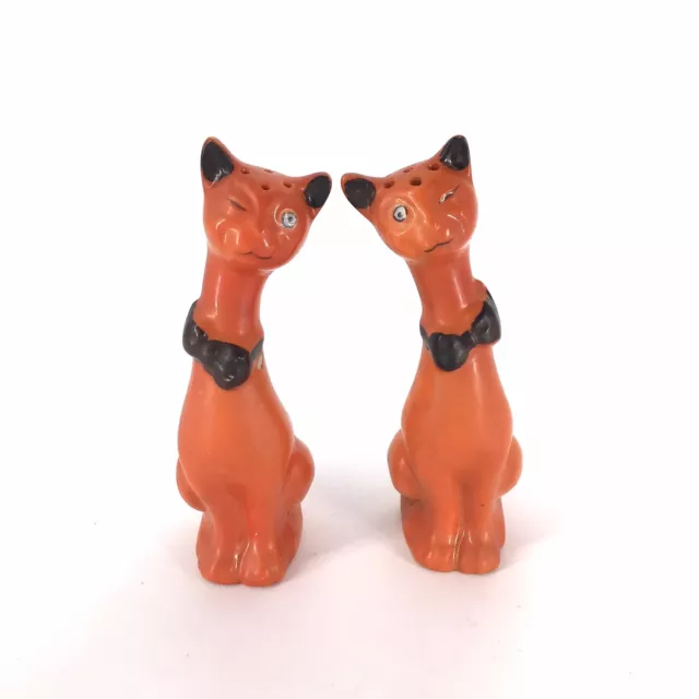 Vintage Siamese Cats Winking Salt Pepper Shakers Long Neck  Orange Kitty Japan