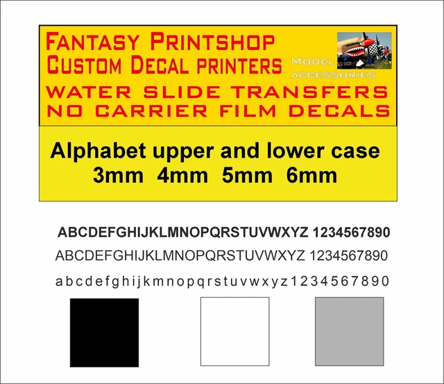ALPHABET LETTERS NUMBER UPPER AND LOWER CASE DECALS TRANSFERS 3mm 4mm ...