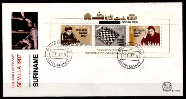 Schachweltmeisterschaft, Sevilla. Karpow- Kasparow. FDC. Block. Surinam 1987