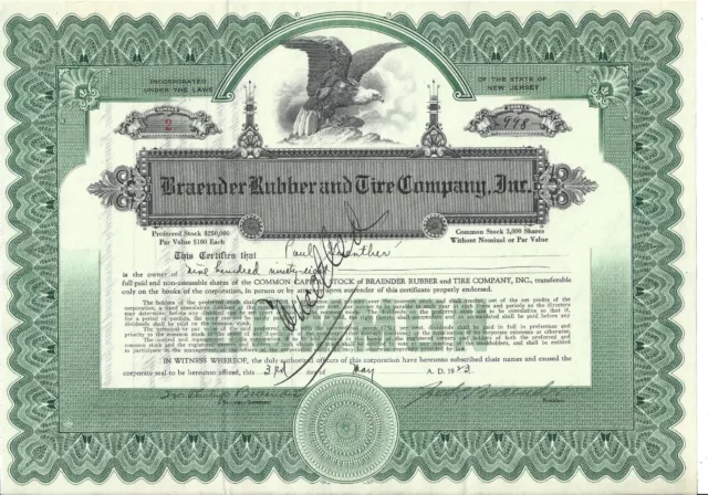 Braender Rubber And Tire Company Inc.....1923 Common Stock Certificate #2