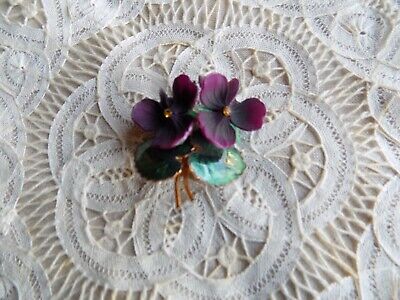Vintage Enamel Flower Brooch Carved Celluloid Purple African Violets