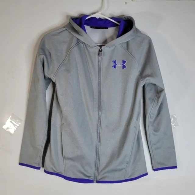 Girls Under Armour Gray/Purple Zip front Hooded jacket Youth large Loose fit