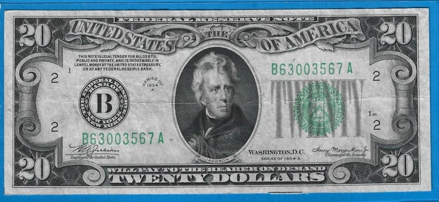 1934 A $20 FRN B-New York,Green Seal,Circ CH Crisp VF,Nice!