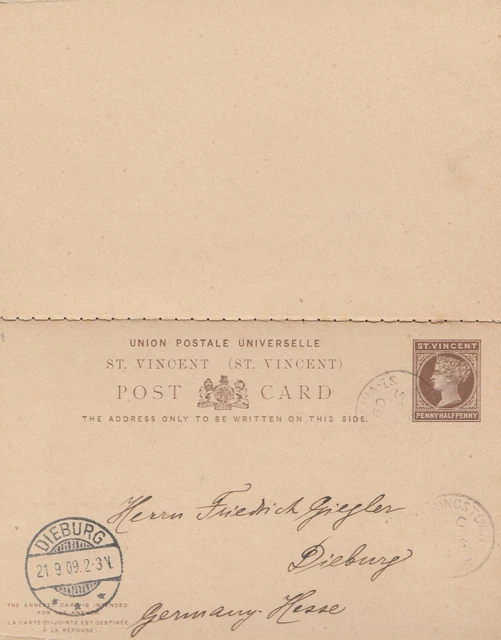 St.Vincent: Post Porto Card 1909 To Dieburg/Germany