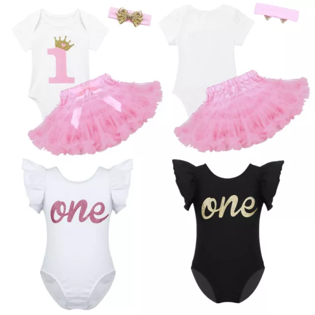 Infant Baby Girls 1st Birthday Romper Jumpsuit Ruffled Cap Sleeves Tutu Dress