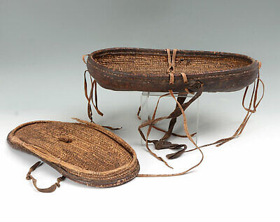 19Th Century Antique Hand Woven Elongated Leather Basket W/ Top/Lid