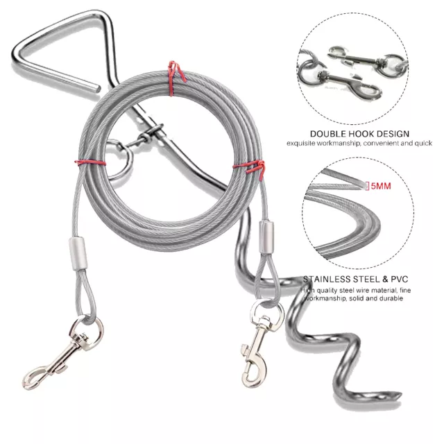 Heavy Duty 10ft (3m) Dog Tie Out Wire Cable Lead Leash with 16" Metal Stake