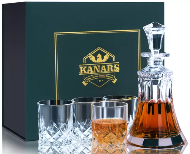 KANARS Crystal Whiskey Decanter Set w/ 4pcs Liquor Scotch Glass Men Dad Gift