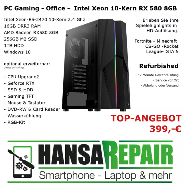 PC Gaming System - Intel Xeon E5 - RX 580 8GB - 16GB RAM -M2 SSD & HDD - RGB Tow