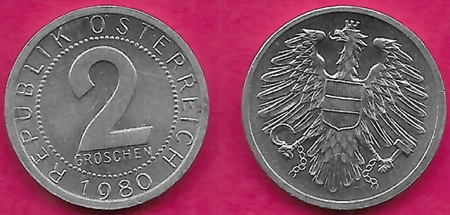 Austria 2 Groschen 1980 Unc Imperial Eagle With Austrian Shield On Breast,Holdin