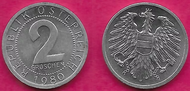 Austria 2 Groschen 1980 Unc Imperial Eagle With Austrian Shield On Breast,Holdin