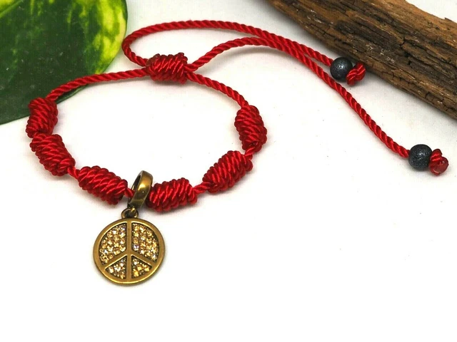 BRACELET &PEACE& EN Zamak doré foncé en fil ROUGE 7 noeuds EUR 10,99