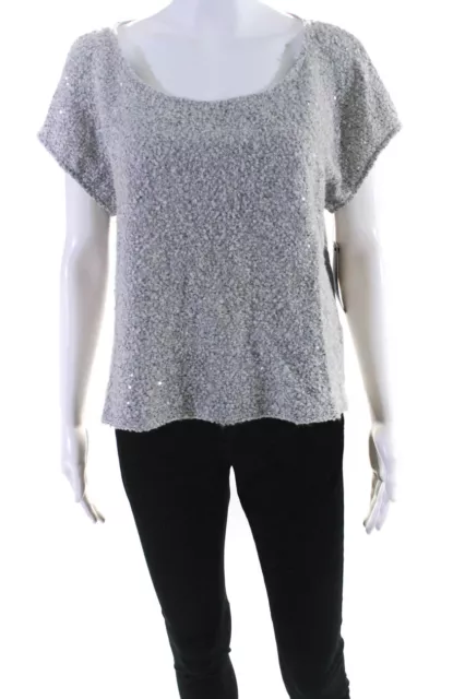 Ella Moss Womens Gray Texture Sequence Crew Neck Short Sleeve Blouse Top Size M