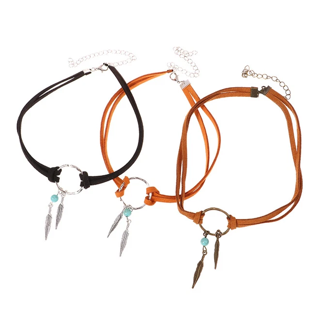 Women Bohemian Choker Boho Feather Bead Pendant Brown Leather Chain Necklace LEI