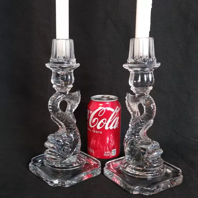 Vtg Set of 2 Cambridge Glass Koi Fish Dolphin Candlesticks Candle Holders 9.5"