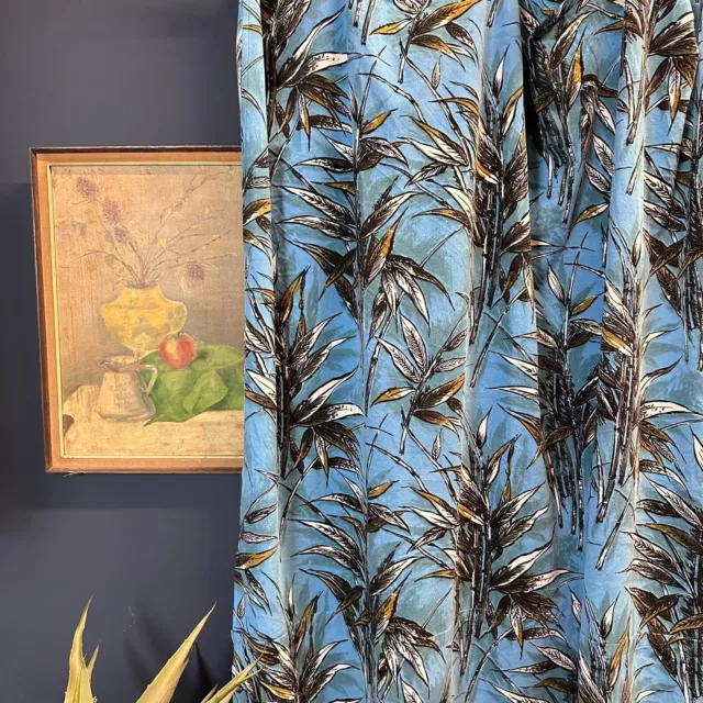 Vintage Retro Boho Tiki Mid Century Abstract Blue Floral Curtains Drapes