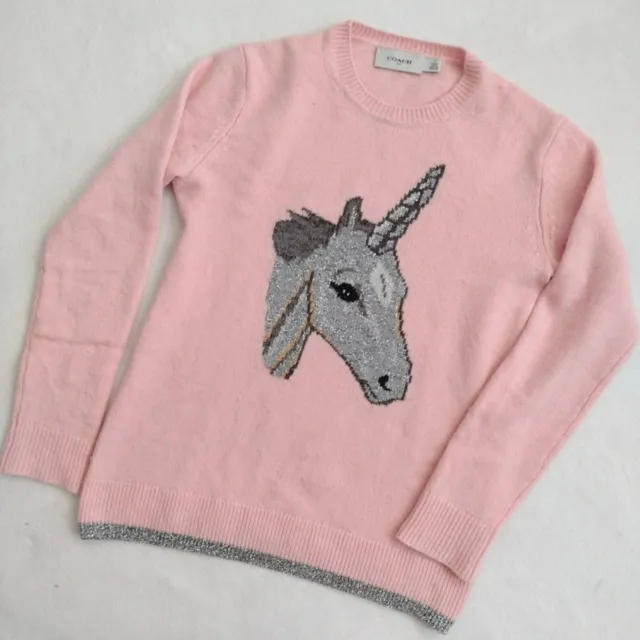 Coach Uni Intarsia Sweater S Rare Cashmere Wool Blend Pink Unicorn Pullover