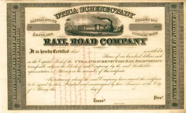 Utica and Schenectady Railroad - Stock Certificate - Railroad Stocks