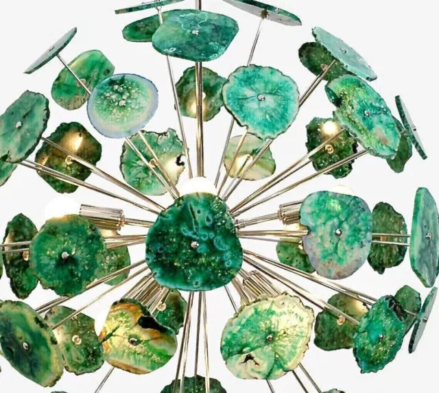 1950 Century Brass Green Agate Stone Urchin Sputnik Chandelier Vintage Stilnovo 2