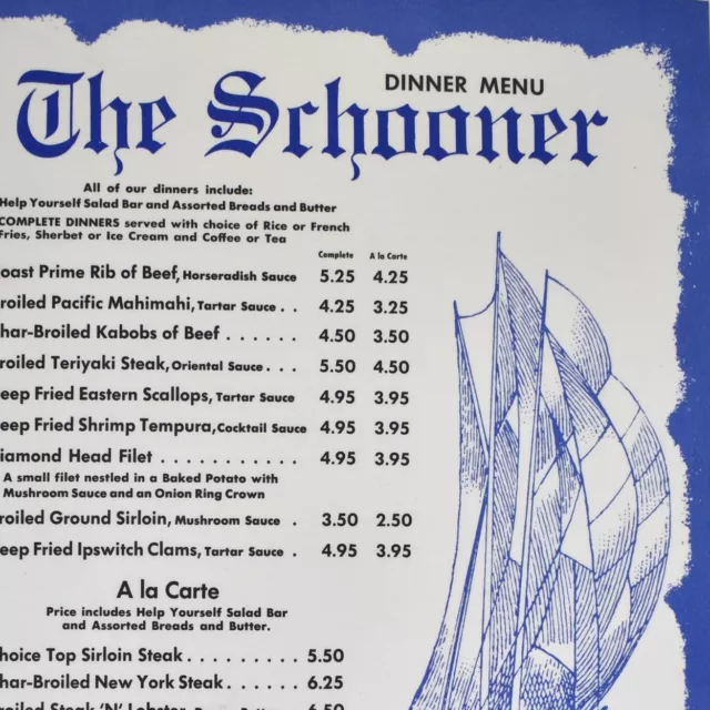 1972 The Schooner Restaurant Menu Arizona Memorial Drive Honolulu Oahu Hawaii #1