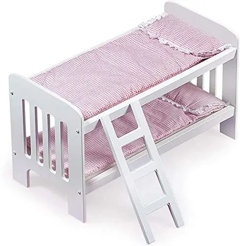 Toy Doll Bunk Bed with Gingham Bedding, Ladder, and Personalization Kit for