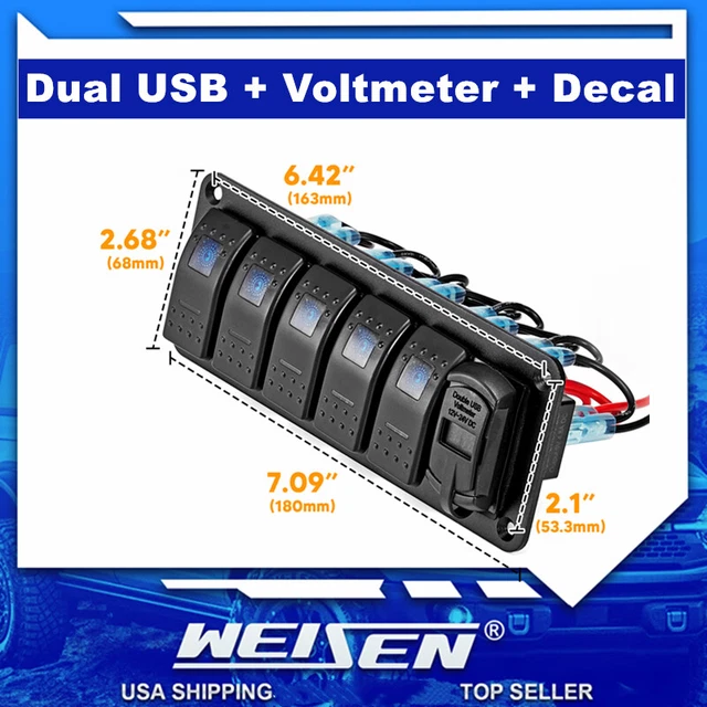 WEISEN 5 Gang Toggle Switch Panel Dual USB 12V Car Boat Marine RV Truck Camper