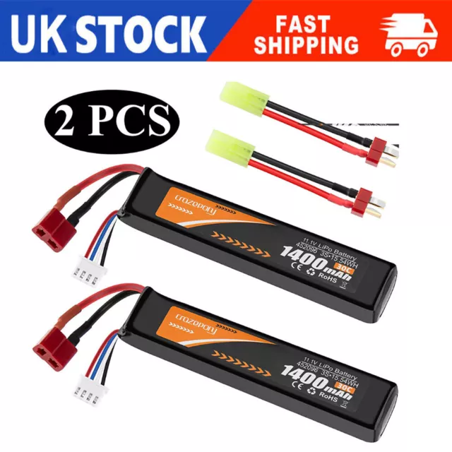 2PCS 11.1V 1400mAh 30C LiPo Stick Airsoft Battery Dean Style Connector T Plug UK