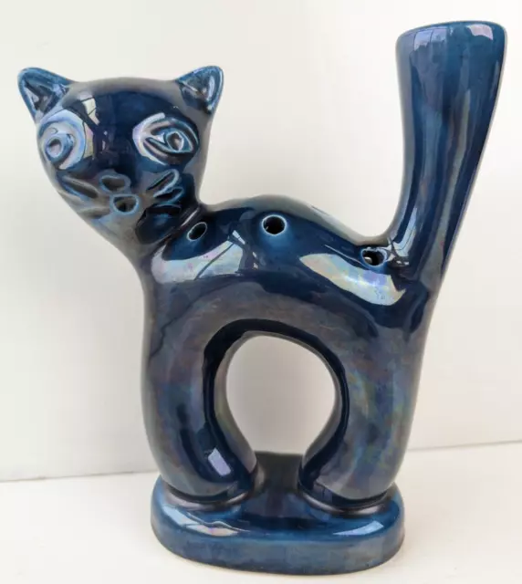 Quirky Bespoke Retro Vintage Blue Cat Vase French Unusual Handmade Pottery MCM