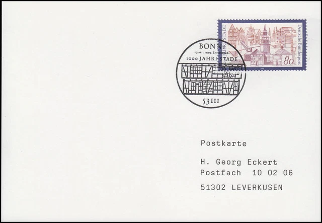 1709 Stade, EF FDC-Postkarte ESSt Bonn 1000 Jahre Stade & Architektur 13.1.1994
