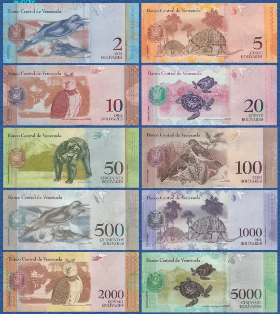 VENEZUELA Set 10 Banknoten 2 bis 5000 Bolivares 2007-2017 UNC
