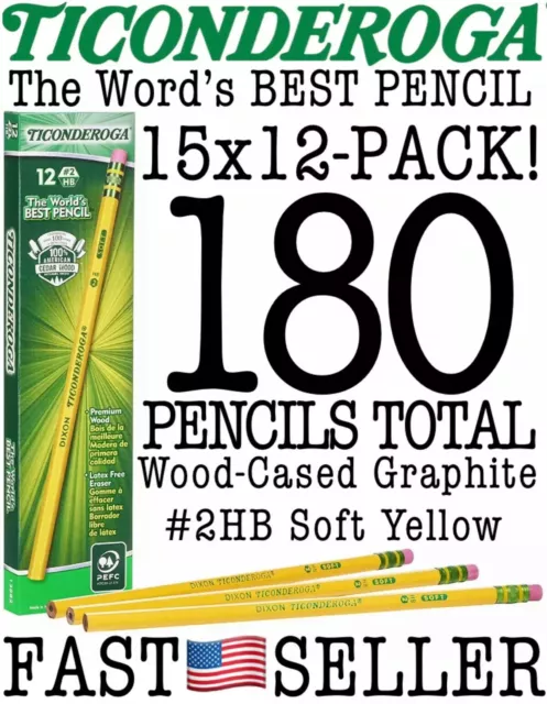 Ticonderoga Pencils, Wood-Cased, Graphite #2 HB Soft, Yellow (13882) 15x12-PACK