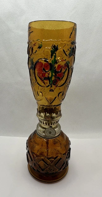 Vtg Amber Glass Miniature Oil Lamp Sail Boat Brand #902452 Made In Hong Kong
